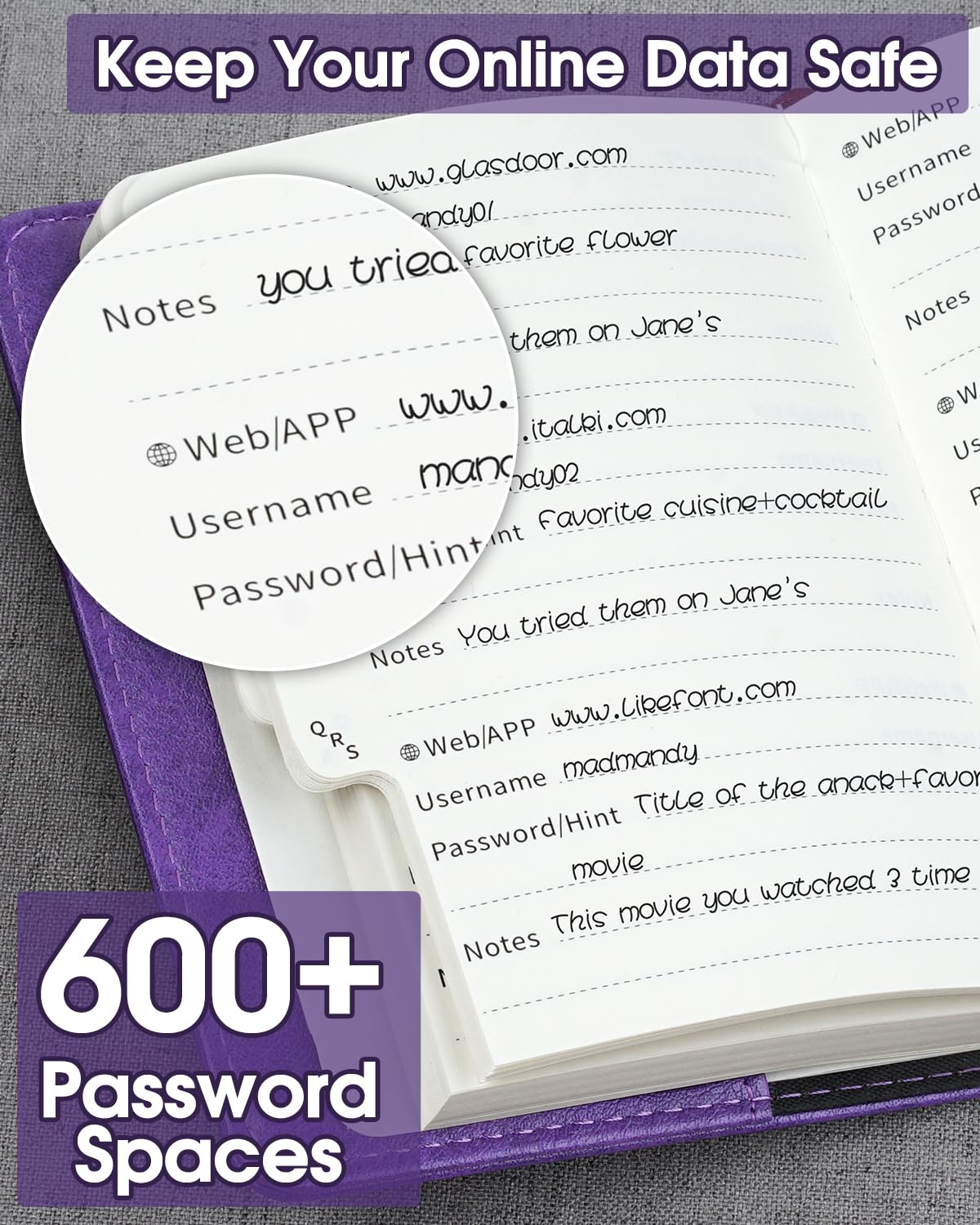 WEMATE Password Book With Lock, Password Book With Alphabetic Tabs, 600 Password Space, Password Organiser, Logbook With Lock (Black-1 - View #5