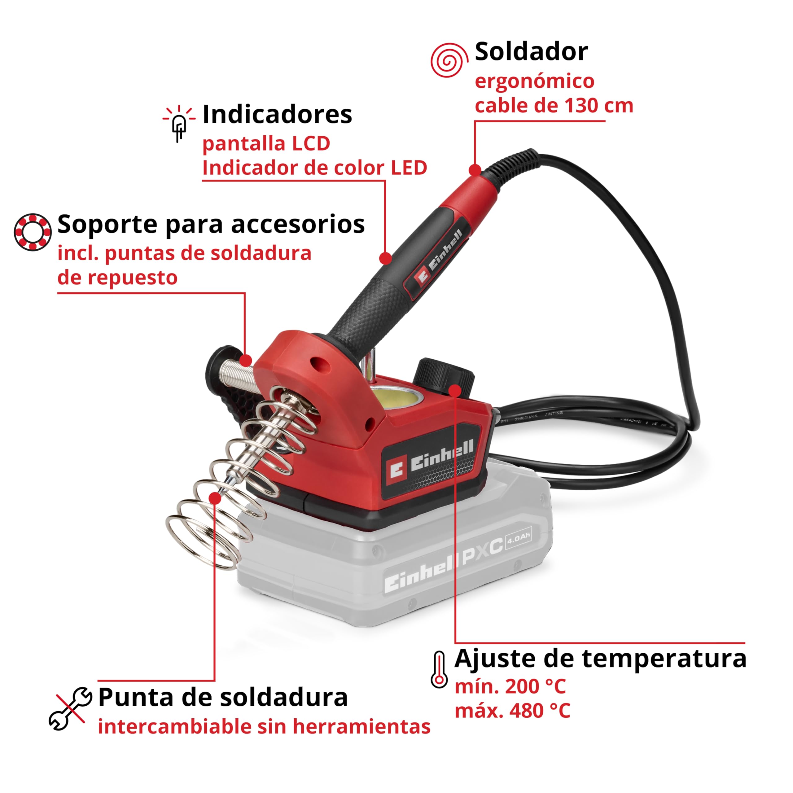 Einhell soldador con batería TE-SI 18/480 Li E - Solo Power X-Change (18 V, 200 °C - 480 °C, para soldadura blanda, pantalla LCD, incl. 2 puntas puntuales, 1 punta plana y estaño de soldadura)