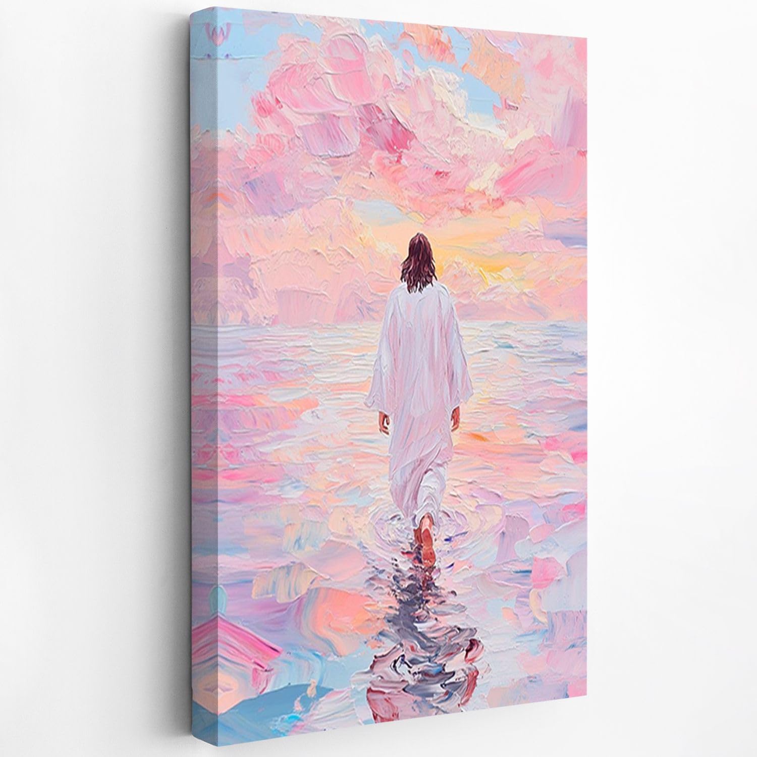 Fchen art Jesus Walks on Water Under Pastel Pink Sky - Easter Resurrection Christian Wall Art Print Painting Serene Church, Home & Hotel Decor - 28"x40" Framed Canvas with Divine Spiritual Theme