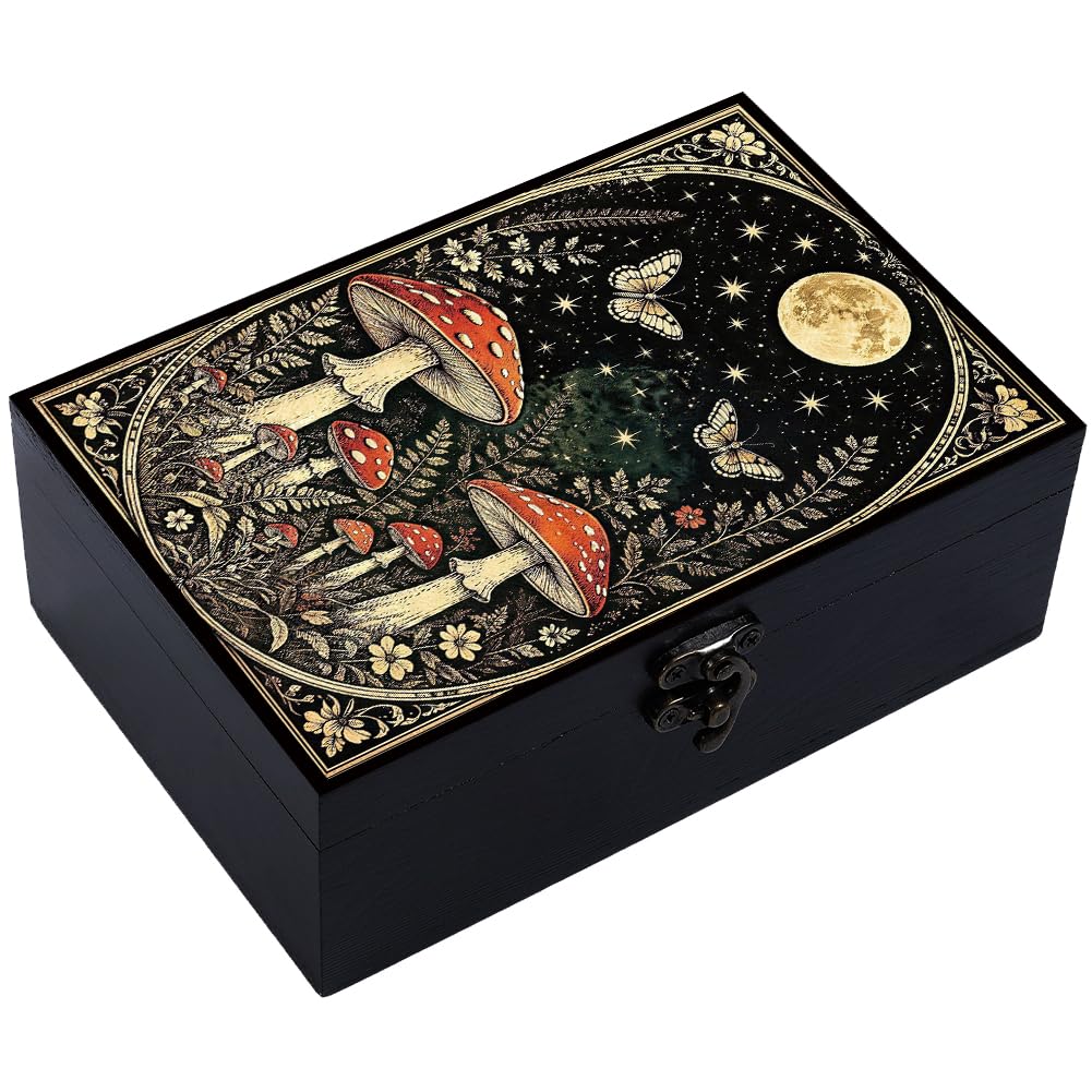 CREATCABIN Wooden Tarot Storage Boxes with Lids Wood Tarot Box Mushroom