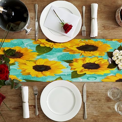 Miniatura 4 de Table Runner Summer Sunflower Oil Painting, Autumn Rustic Linen Table Cloth Kitchen Dining Table Decor for Home Party 13 x 72 Inches