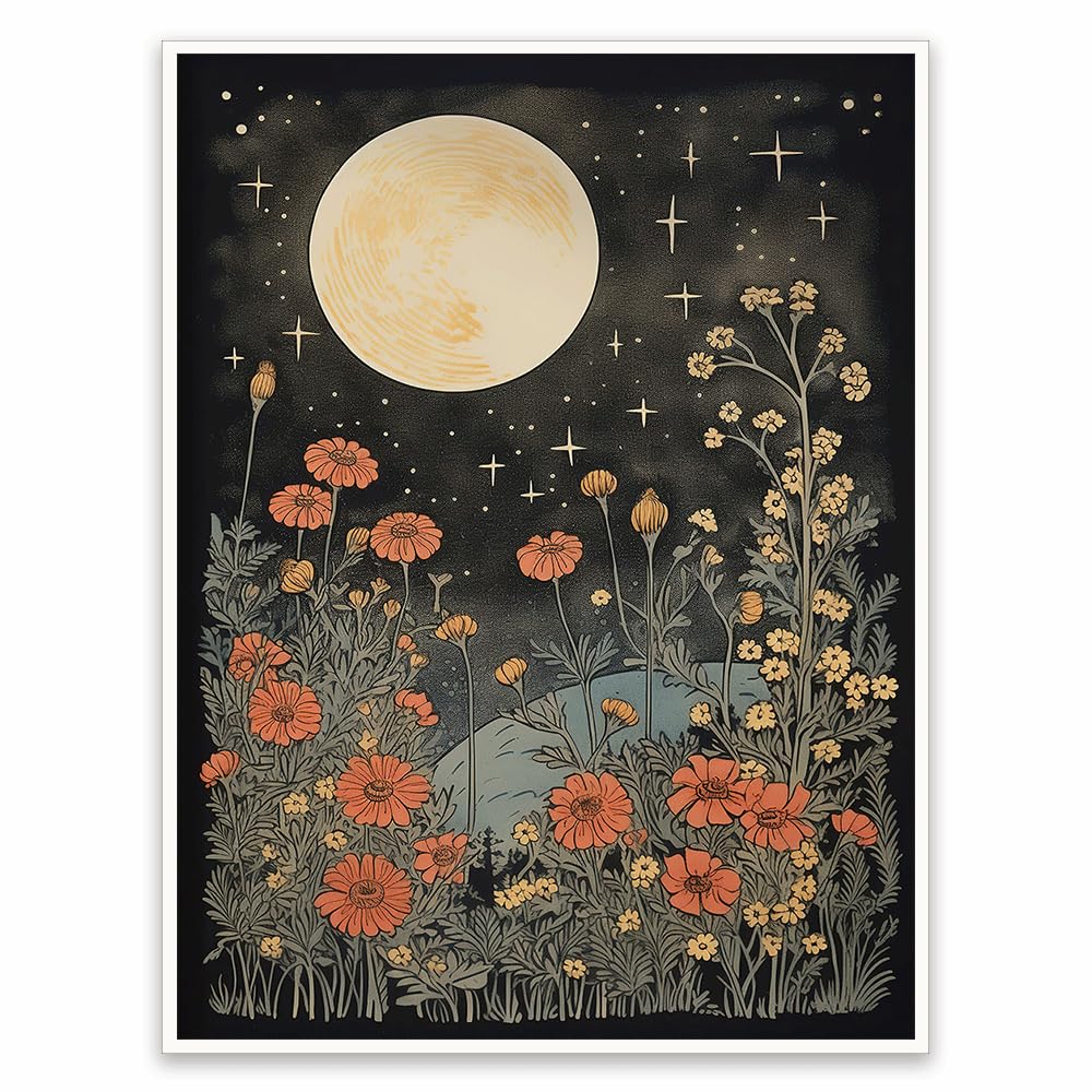 Moon and Stars Wall Art Print Celestial Wildflower Night Garden Illustration Poster Boho Botanical Moonlight Artwork for Bedroom