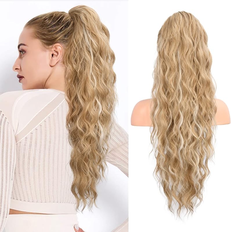Extensión de cola de caballo, extensiones de cabello de cola de caballo con cordón de 26 pulgadas para mujeres, postizo sintético natural de cola de caballo ondulada y rizada larga para mujeres (rubio miel de 26 pulgadas con resaltado)