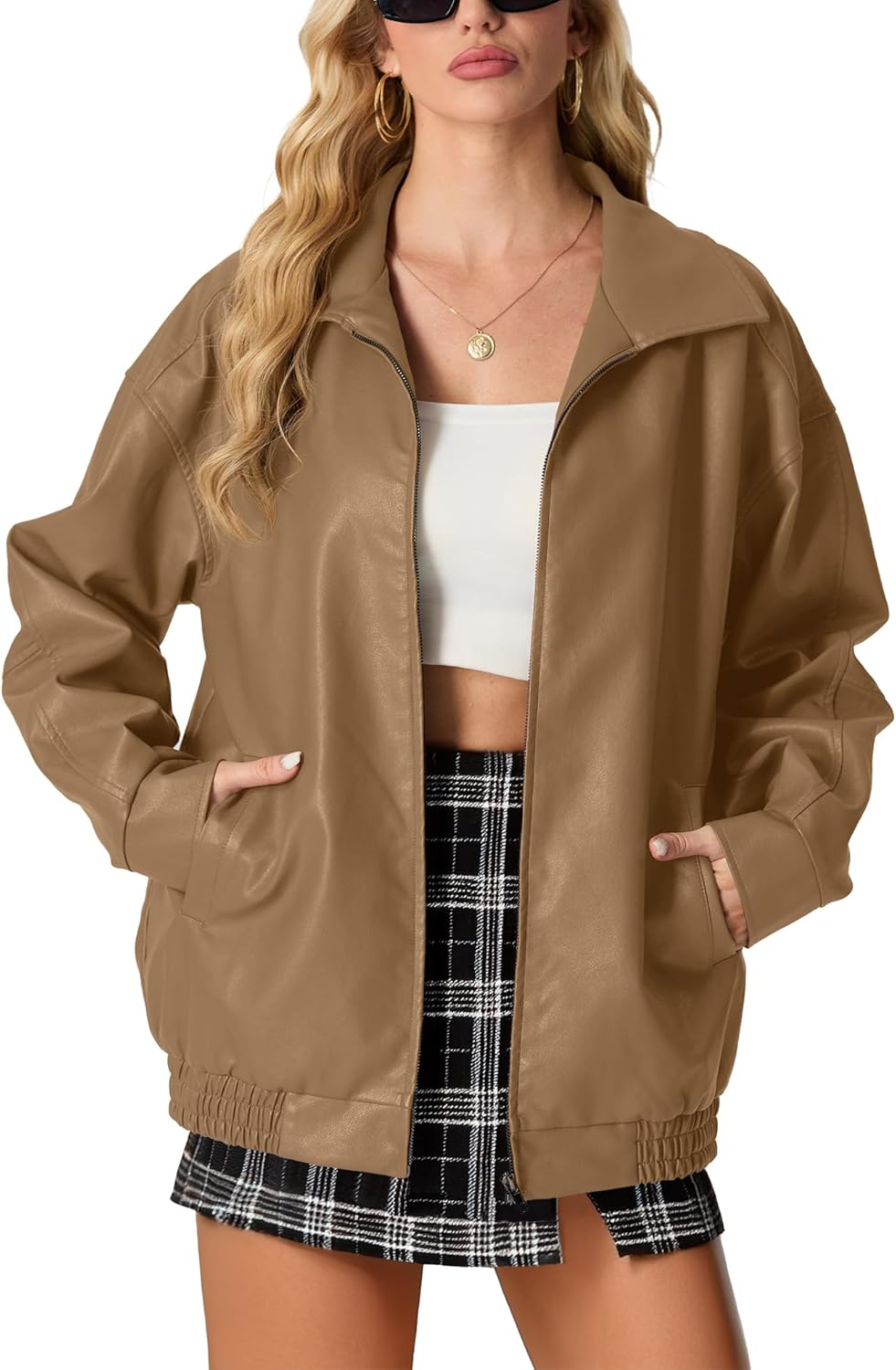 Lepunuo Leather Jacket for Women Oversized Faux Leather Moto Biker Coat Fall Fashion Winter Outfits Y2K Streetwear