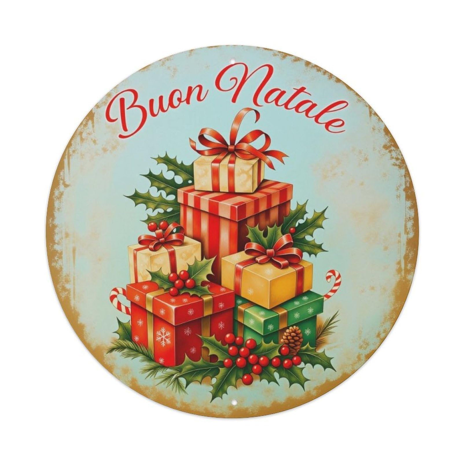 Italian Buon Natale Christmas Gift Holly Round Wall Sign Vintage Aluminium Metal Sign, Retro Wall Decor for Home, Bar, Garage & Farmhouse 20x20cm