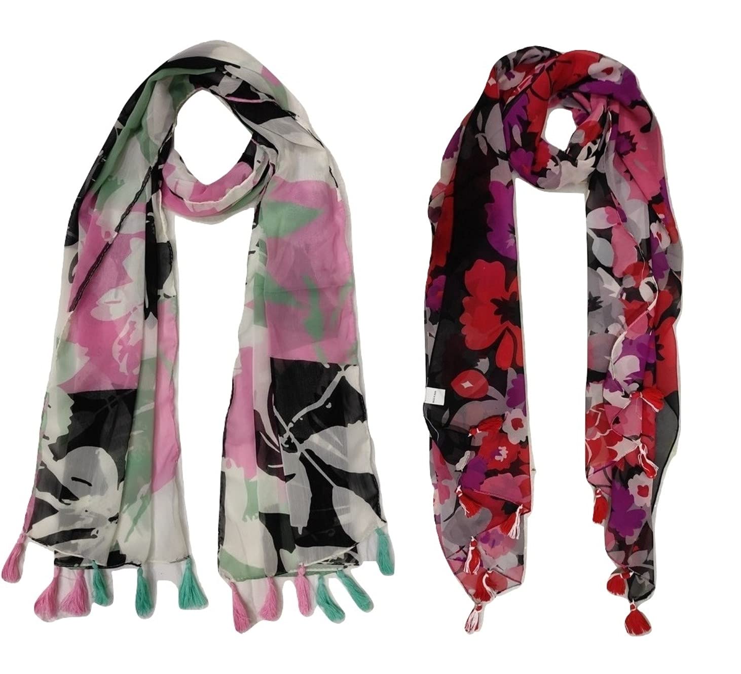 ™ women's printed chiffon multicolored scarf and stoles with tassels - set of 2 (st189)