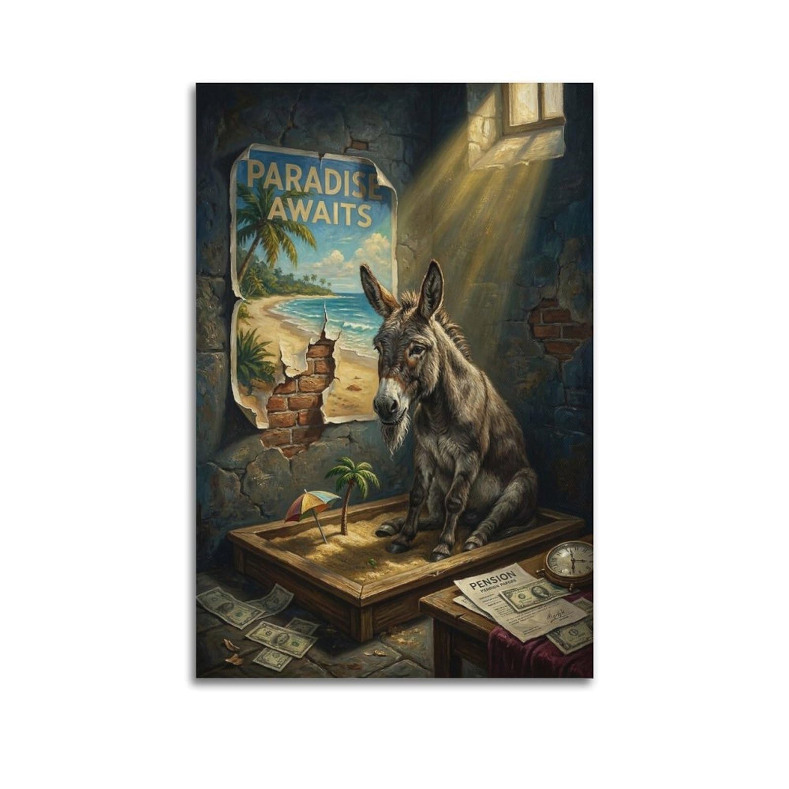 XKUGA Surreal Vintage Animal Poster Donkey Retirement Paradise Satire Modern Decorative Canvas Prints - Ideal Wall Art for Family, Man Cave, Game Room, Boys & Girls Bedroom 12x18inch(30x45cm)