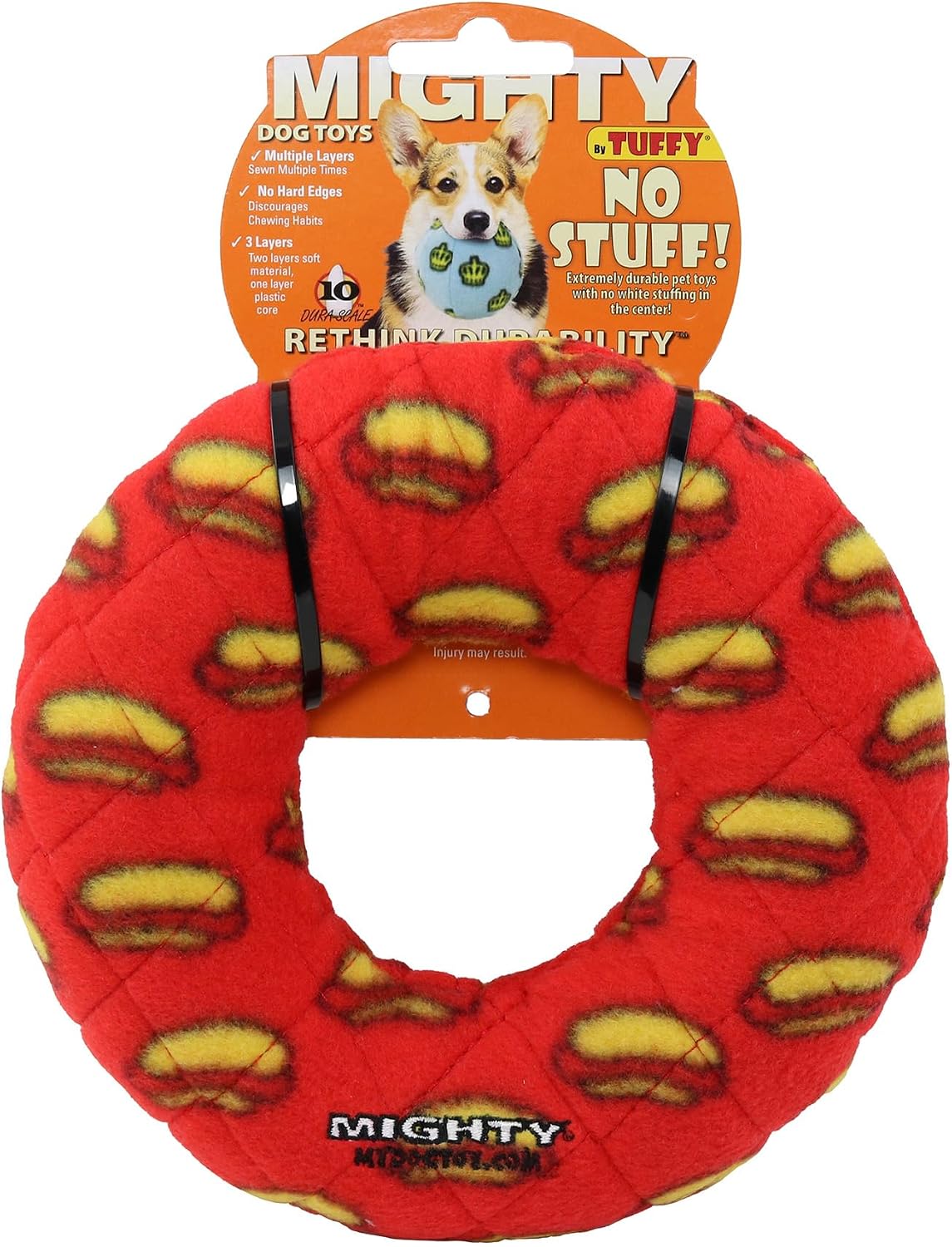 MIGHTY- NO Stuff Ring - Squeaky Plastic Core. 2-in-1 Toy. Made Durable, Strong & Tough. Interactive Play (Tug, Toss & Fetch). It Floats (Red, Medium 2 Pack)