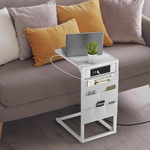 Miniatura 2 de CADUKE Mesa auxiliar en forma de C con estación de carga, juego de 2 bandejas de TV, mesas auxiliares de sofá con bolsa de almacenamiento, mesas de