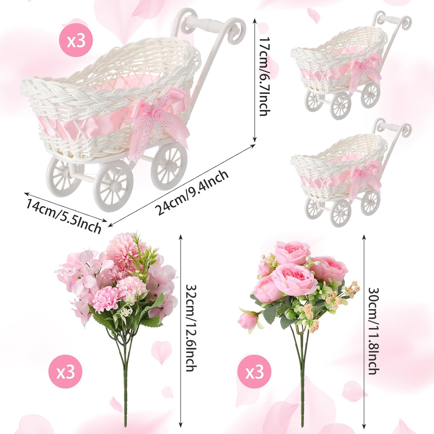 3 Pack Rattan Baby Carriage Floral Arrangement with Bouquet Baby Shower Table Centerpiece Stroller for Guests Gender Reveal Wedding Party Favor Gift and Souvenir(Pink)