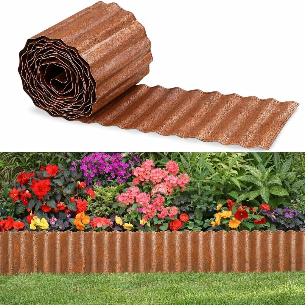 Garden Mile 2 Pack 6m x 15cm Rust Effect Metal Garden Edging – Corrugated Galvanised Steel Lawn Border Roll – Flexible Landscape Flower Bed & Tree Border