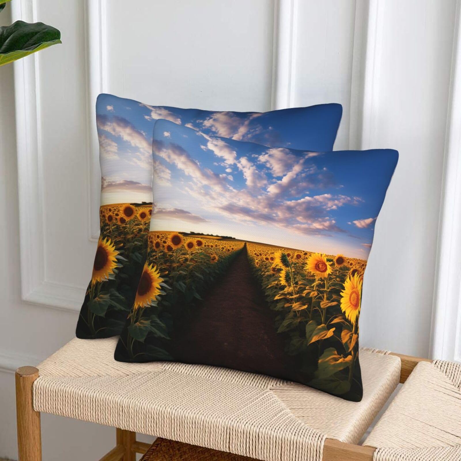 NONHAI Decorative Throw Pillow Covers Set of 2, 20"x20" Square Cushion Case Soft Comfy Field of Blooming Sunflowers Throw Pillows for Couch Cushion Livingroom Farmhouse Home Decor Pillowcases