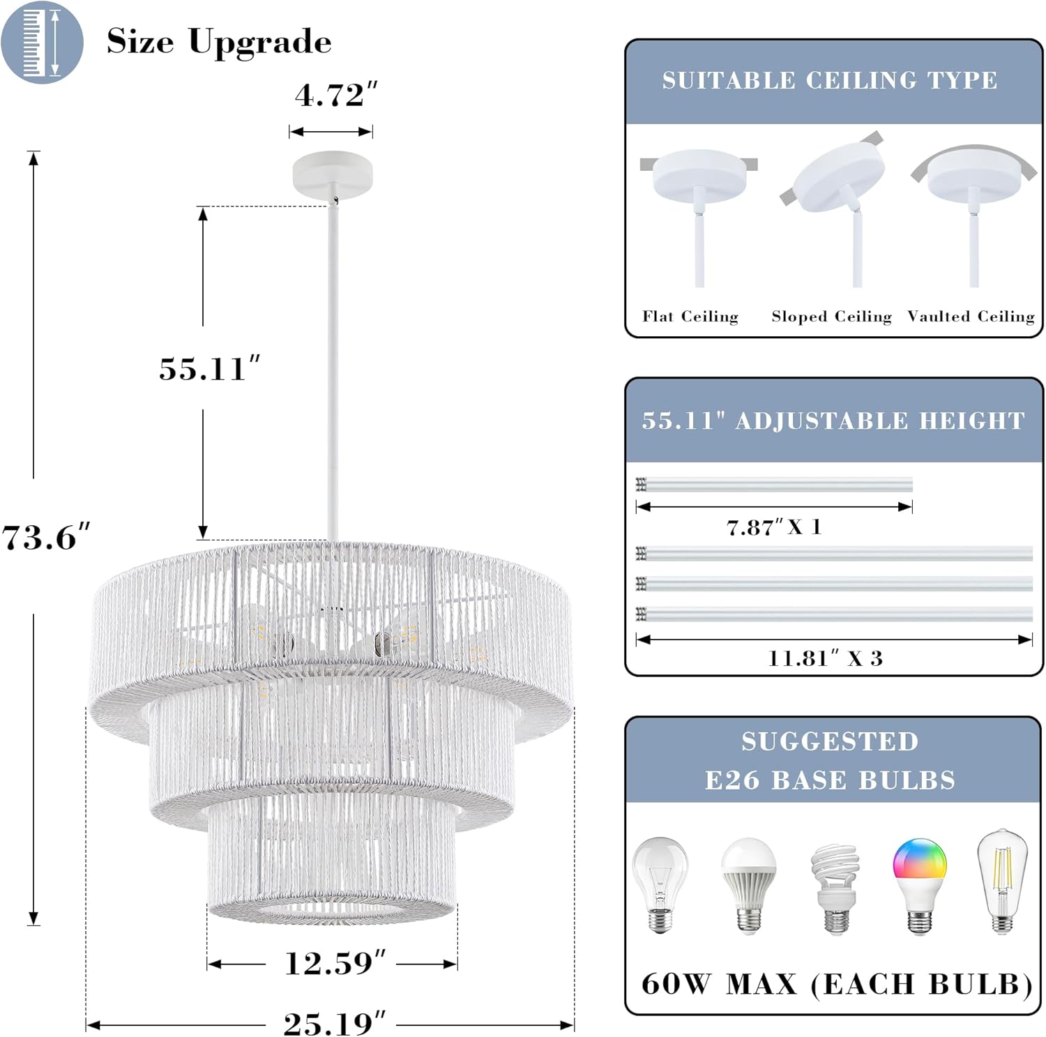 25.19" White Boho Large Rattan Chandelier Light Fixture, 6-Light Farmhouse Pendant Light Hand Woven Chandeliers for Kitchen Bedroom, Dining Room, Living Room, Hallway, Foyer