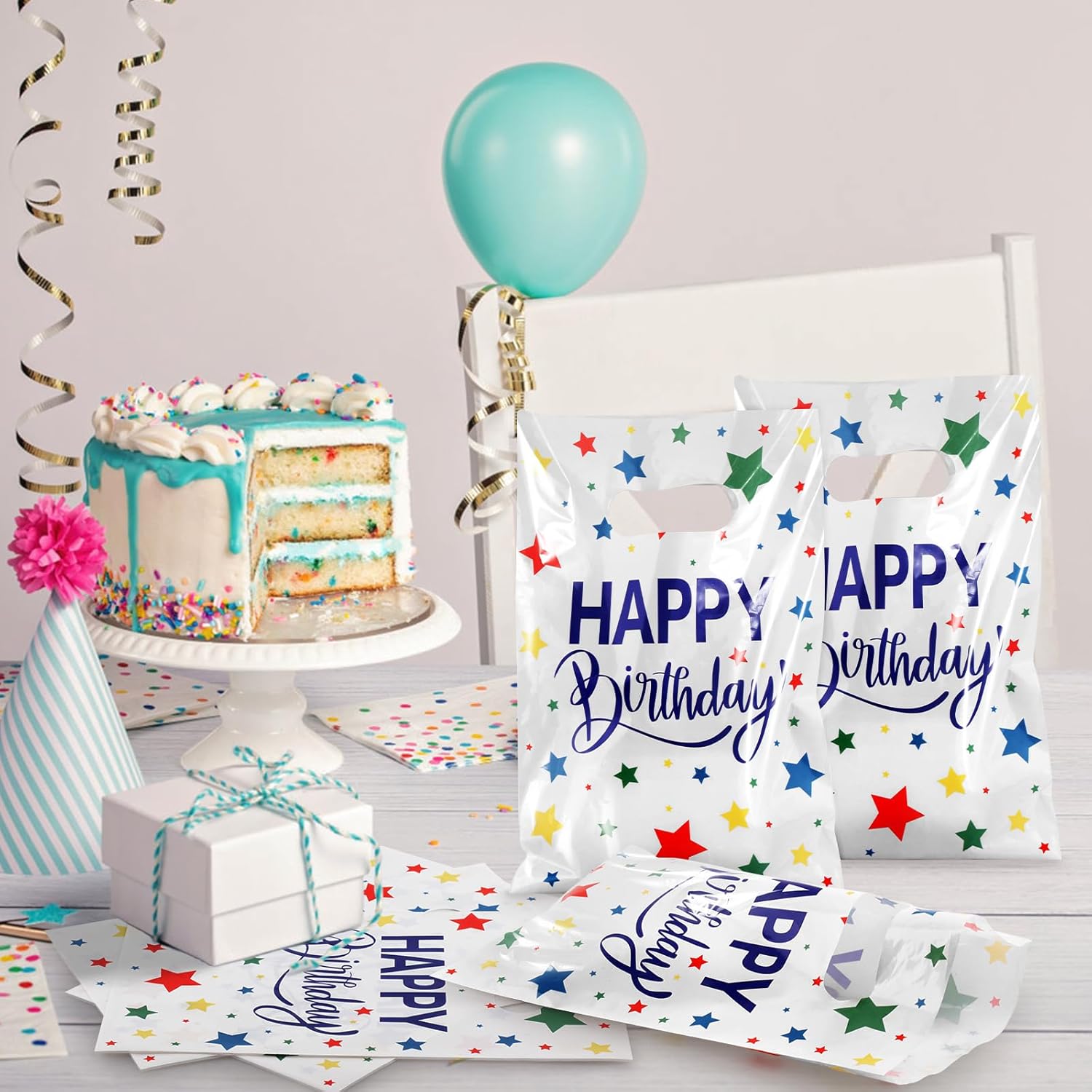 Hxezoc 50 Pieces Birthday Candy Bags Happy Birthday Goodie Bag Plastic Treat Bags Gift Wrap with Handles Favor Bags For Birthday Party Decoration Supplies (White) - Image 5