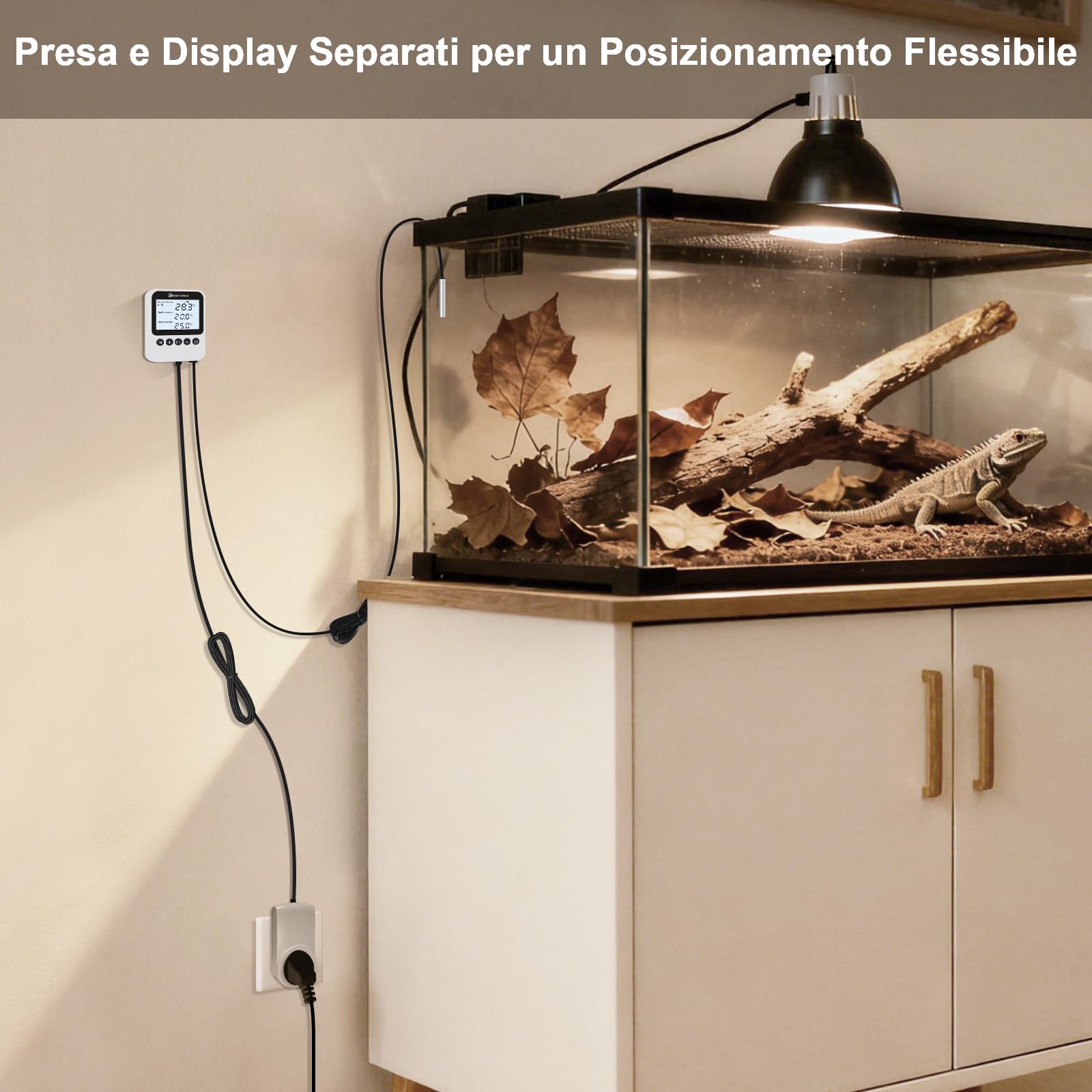 KETOTEK Presa Termostato Giorno/Notte con Timer 220V, Riscaldamento/Raffreddamento Regolatore di Temperatura Digitale, Sonda 3M, Design Separato, 3 Modalità per Rettili Terrario Serra Incubatrice