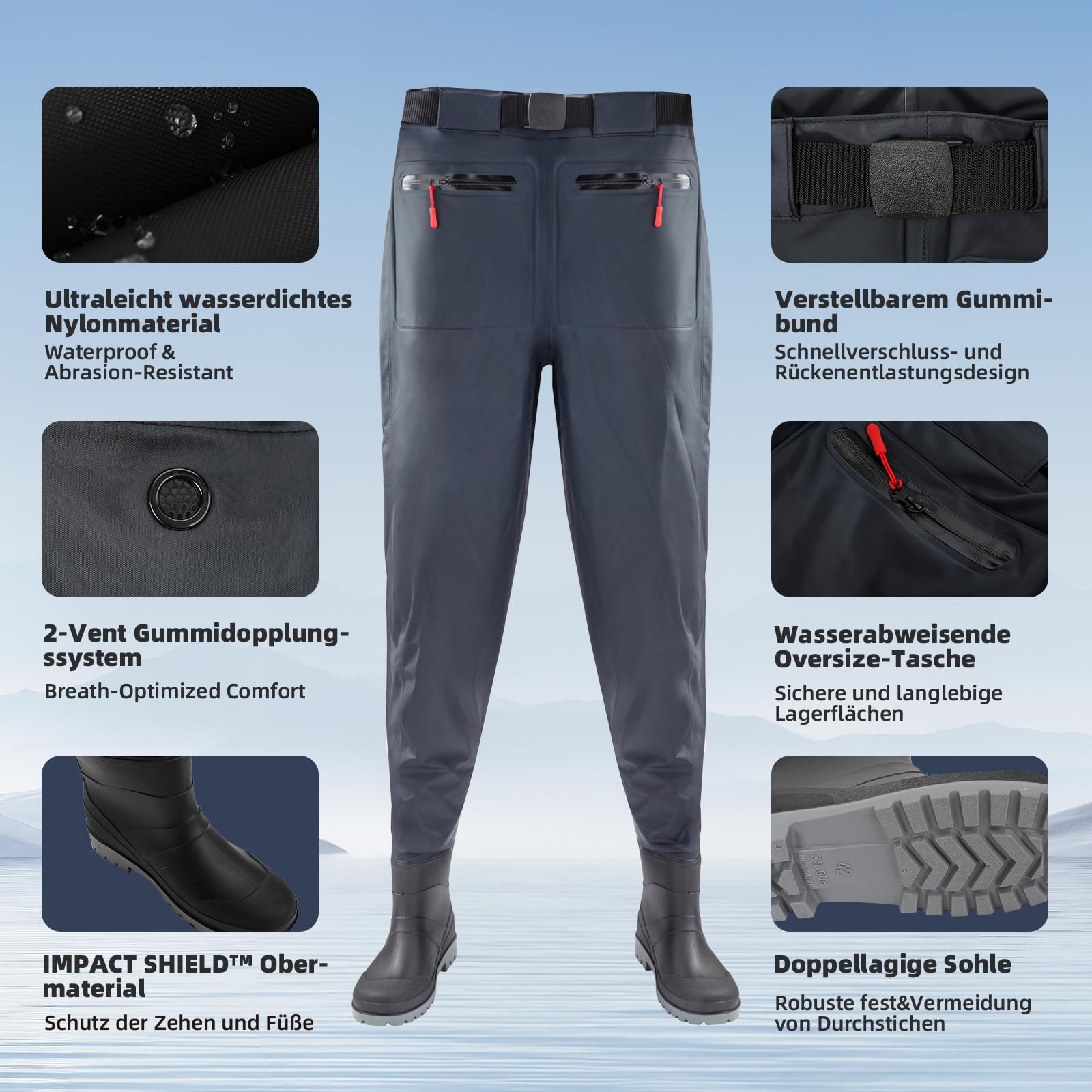 3D Nylon Wathose Herren wasserdicht Gr 40-45 Damen Frauen Wathose atmungsaktiv angelhose wasserdicht mit Stiefeln Fischerhose angelstiefel für Baustellen, Angeln, Bauernhöfe