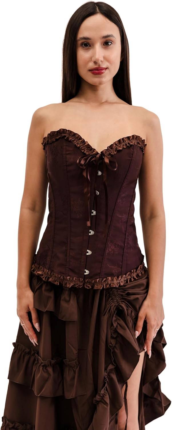 Women’s Corset Top – Floral Embossed Overbust Bustier with Ribbon Bow and Ruffle Trim for Costumes or Festivals