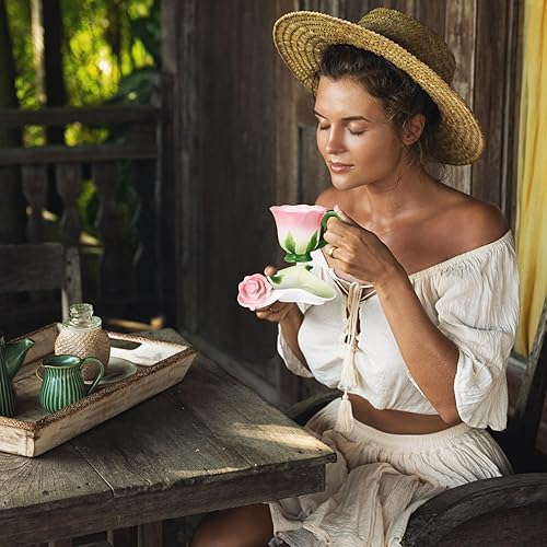 Miniatura 7 de Dandat Juego de tazas y platillos de cerámica con cuchara, taza y salsa en forma de flor de rosa, tazas de té, tazas de flores, regalos de San