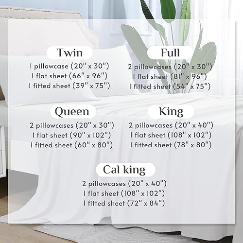 Miniatura 6 de JOLLYVOGUE Sábanas de cama King de 4 piezas, juego de sábanas blancas para dormitorio con 14 bolsillos profundos, sábanas refrescantes con 1 sábana