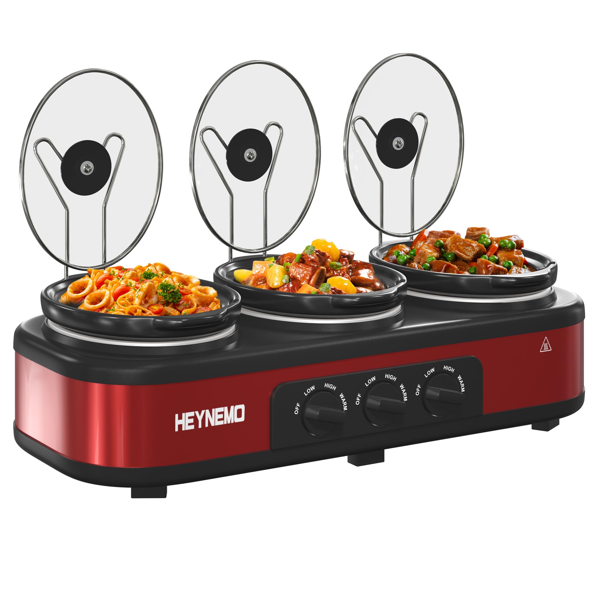 Triple Slow Cooker, 3 x 1.5 QT Portable Small Dual Crock Cooker, Buffet Servers and Warmers Dishwasher Safe, Removable Ceramic Pot Glass Lid, Stainless Steel, Red