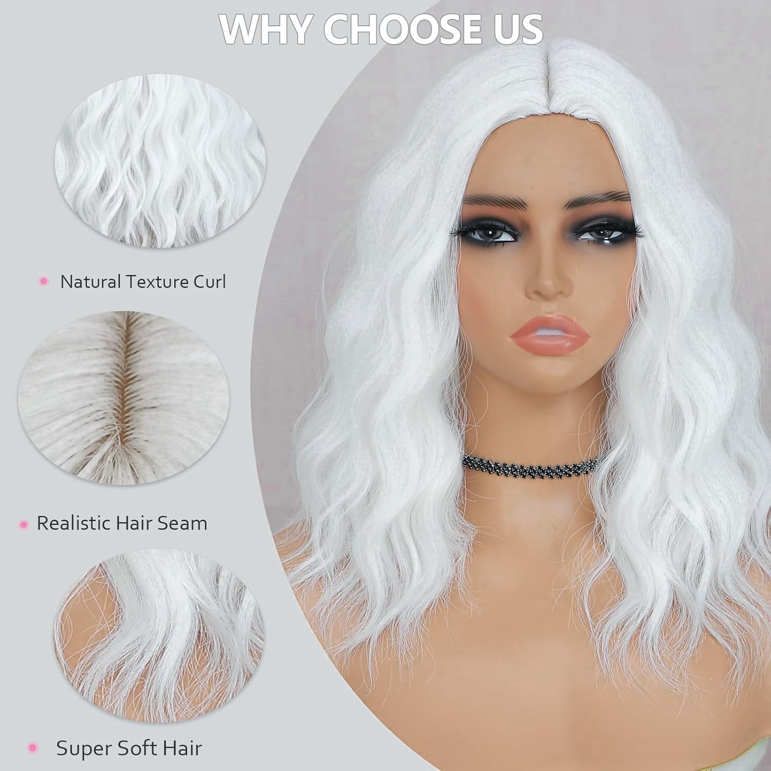 PORSMEER White Wigs for Women Middle Part Short Curly Wavy Bob Wigs for Halloween Cosplay Party Use Heat Resistant Synthetic Hair Wig - Image 4
