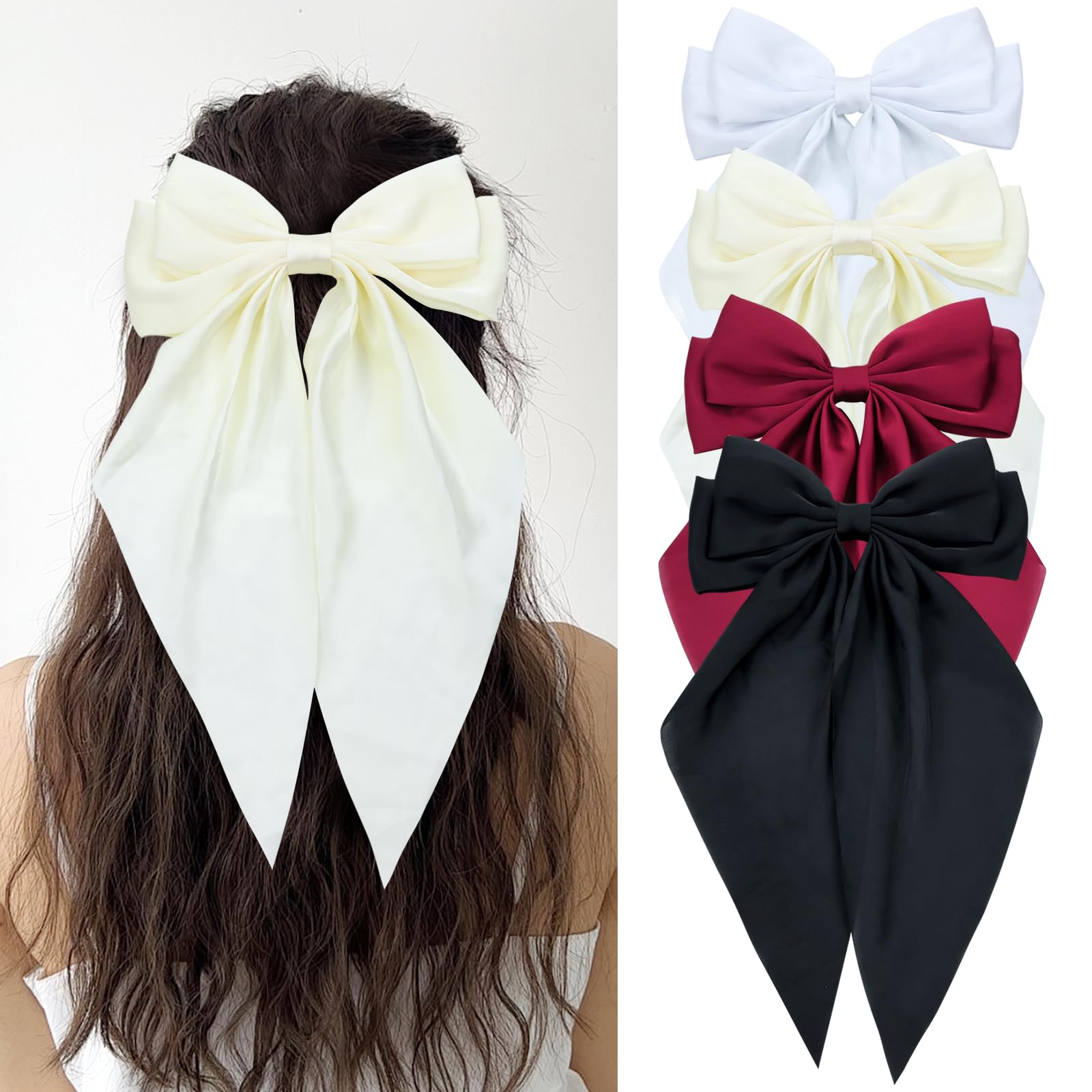 Cinaci 4 Pieces Large Big Oversized Silky Satin Hair Bows for Women Girls Teens Fancy Long Tail Bow French Barrettes Hair Clips Accessories