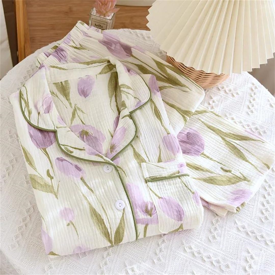 Conjunto de pijama de algodón crepé floral para mujer, manga larga, cómodo para el hogar