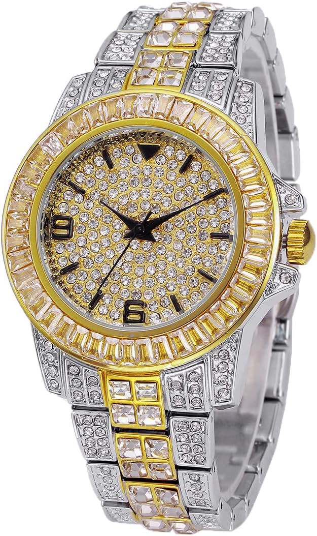 Mens Womens Iced-Out Watch Gold Plated Diamond Unisex Quartz Wristwatch