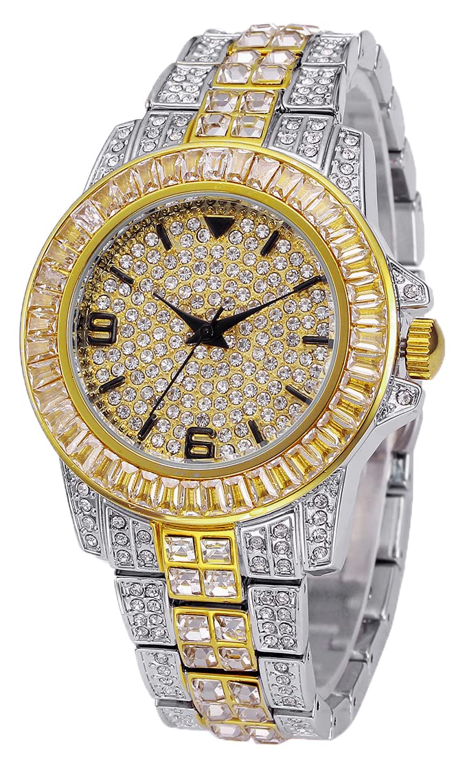 Mens Womens Iced-Out Watch Gold Plated Diamond Unisex Quartz Wristwatch