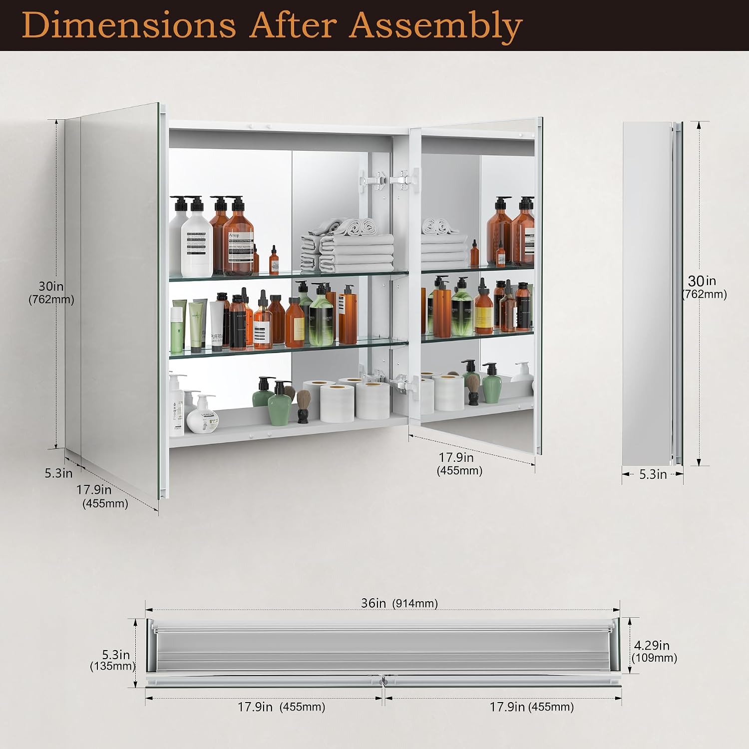 36 x 30 Bathroom Mirror Medicine Cabinet, Recessed & Wall-Mounted, 2 Doors | 2 Symmetrical Doors, Aluminum Silver, Tempered Glass Adjustable Shelves, Bathroom Storage Organizer Medicine Cabinet Mirror