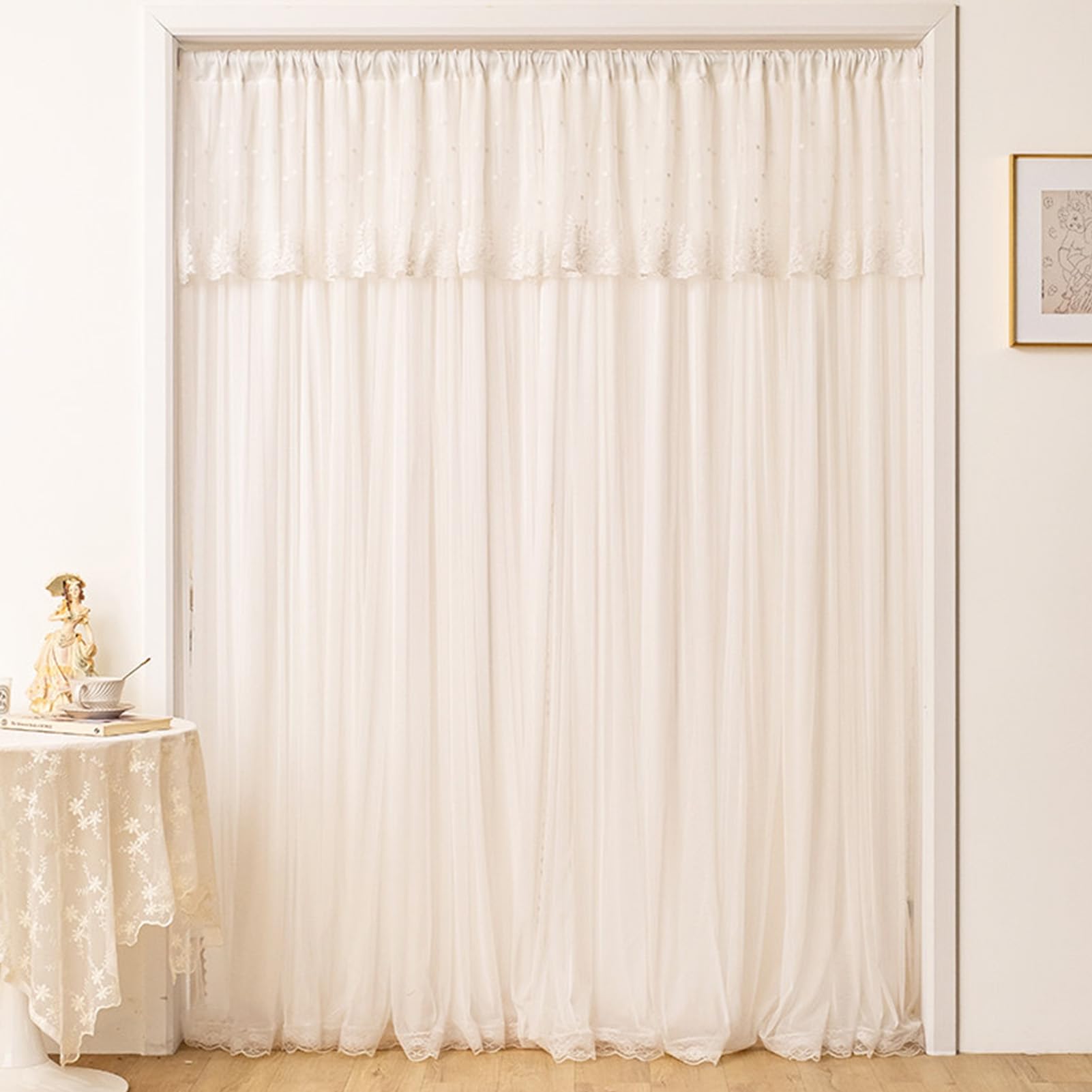 ZZYK Lightweight White Valance with Lace Topper Privacy Curtains for Bedroom Living Room Cafe Farmhouse,Light Filtering Washed Valance for Small Window,Rod Pocket,98" W x 79" L