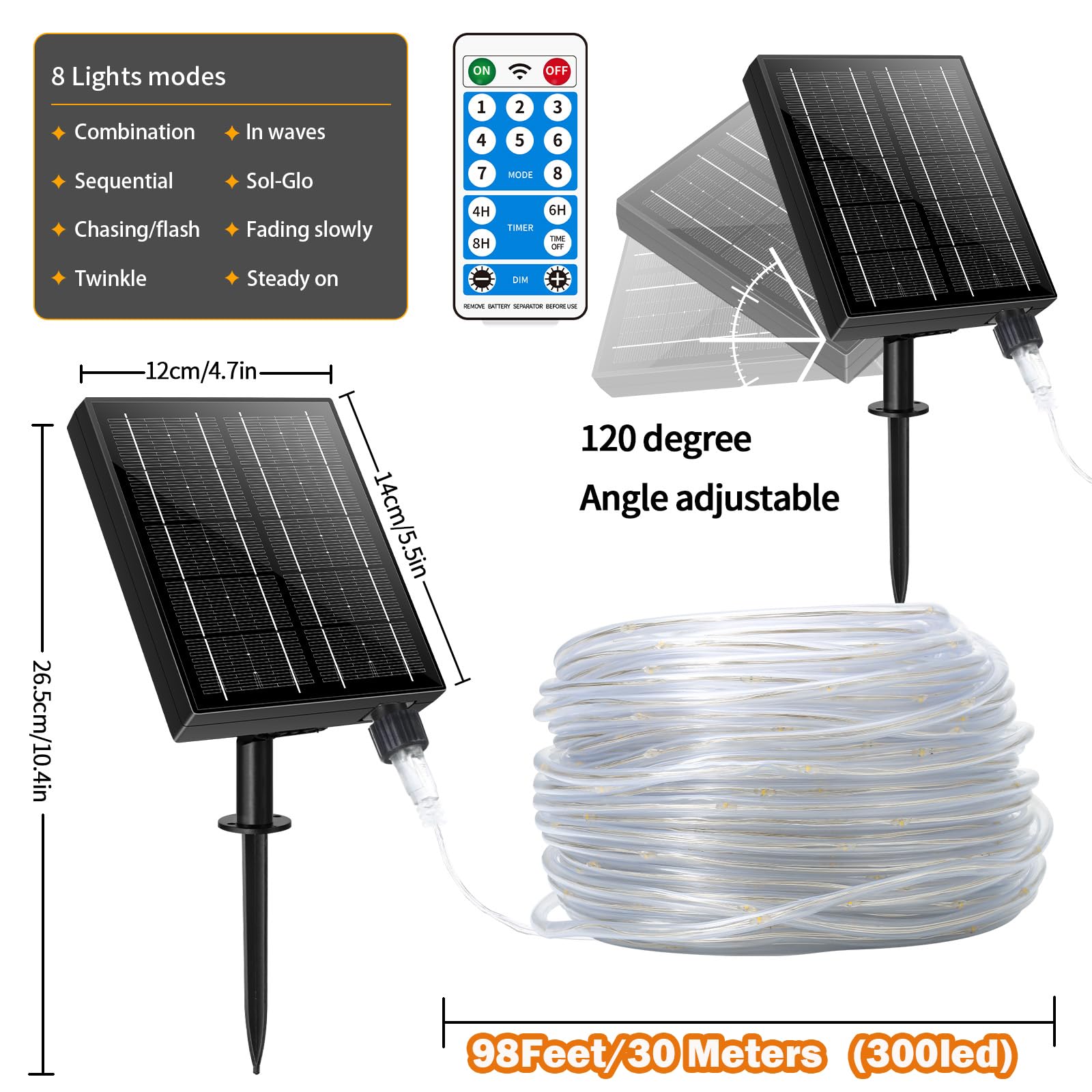 Tira de luces solares de tubo más grueso de 98 pies con control remoto para jardín, blanco cálido, IP67, 300 LED, tira de luces solares para exteriores, impermeable, para patio, árbol, vacaciones