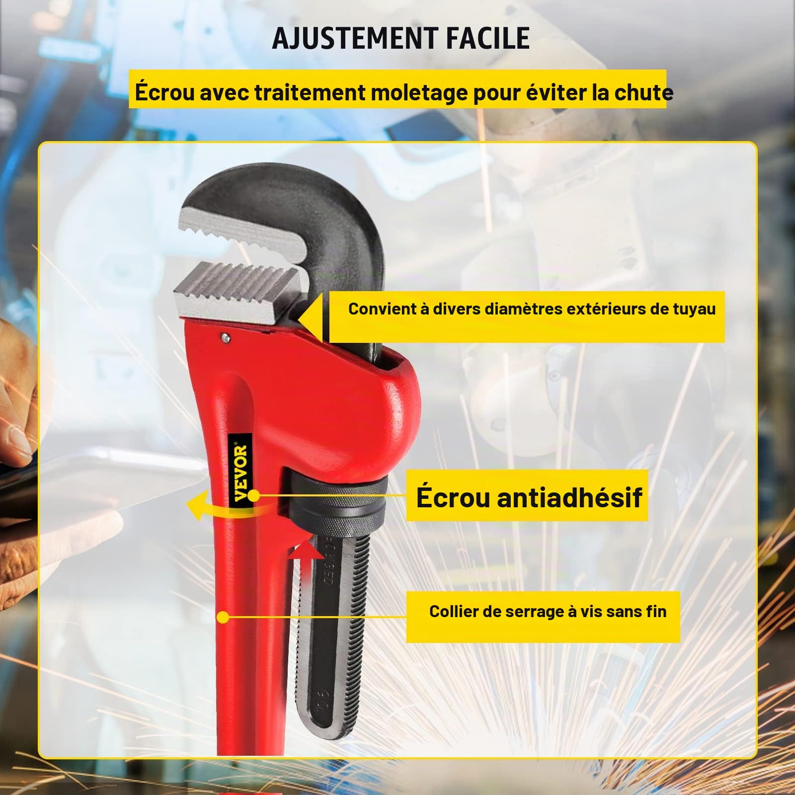 VEVOR Clé Serre-tubes en Fonte de 110 cm, Clé à Griffe Mâchoire de 200 mm, Clé à Tuyau de Plomberie Réglable, Robuste, pour Robinet d'Évier, Cuvette de Toilette, Égouttoir, Salle de Bain, Cuisine