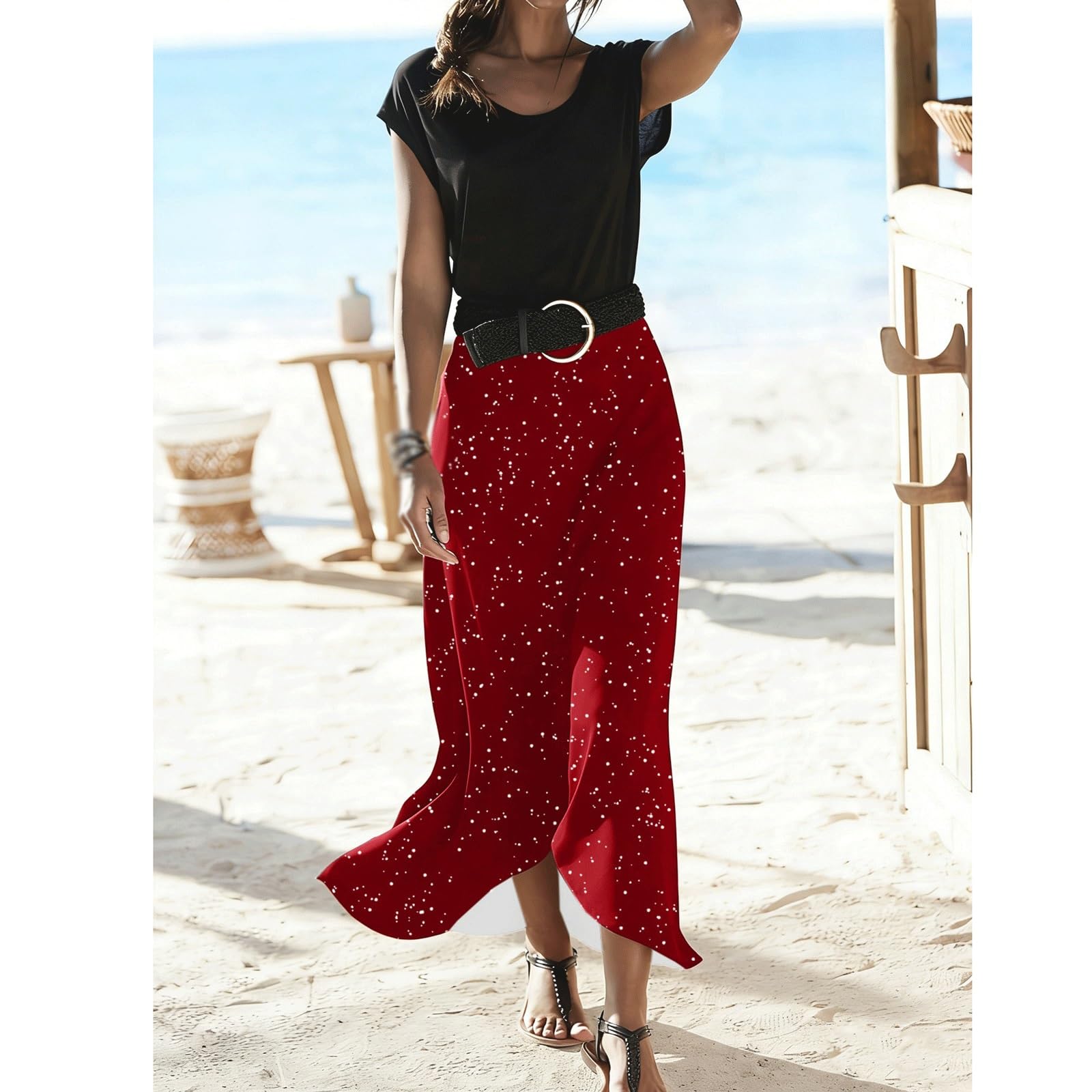 DUddTTW Fishtail Women's Midi Skirt Floral Elastic Waisted Swing Skirt Ankle Length Skirts Midi Length Flowy Skirt Maxi Skirts Vacation(Rot,Small)