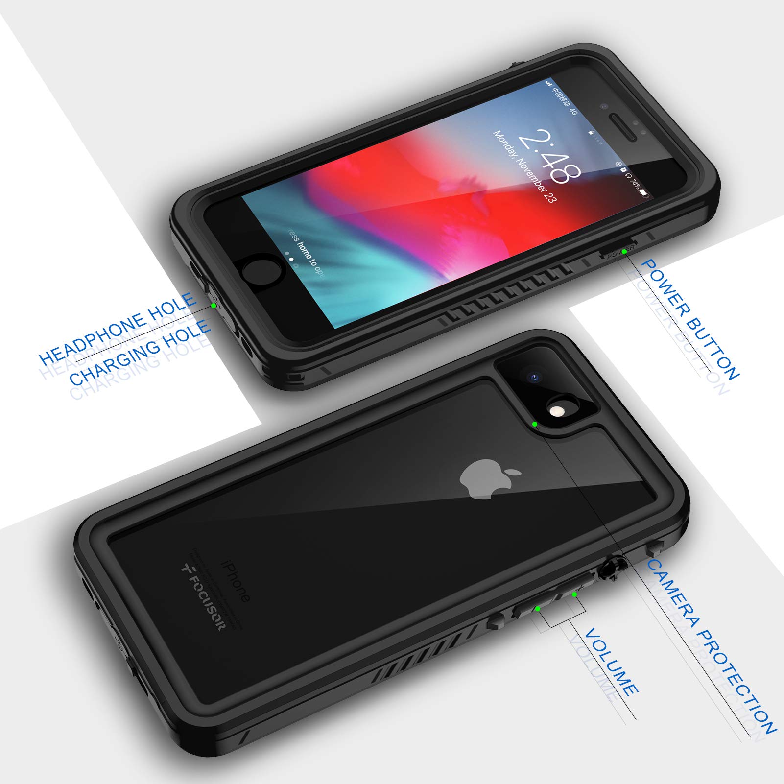 Focusor Cover iphone SE 2022,Custodia Impermeabile iphone 7/8[IP68 Certificato Waterproof] Cover Slim Antiurto Antineve Antipolvere AntiGraffio Subacquea Caso Protettiva per iphone SE 2020 (Nero)