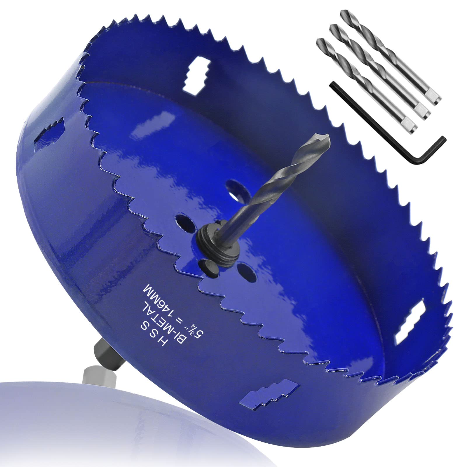 Seimneire 5-3/4 Inch Hole Saw with Heavy Duty Arbor, 1.2 Inch Cutting Depth HSS Bi-Metal Hole Drilling Cutter for Smoothly Cutting in Wood Cornhole