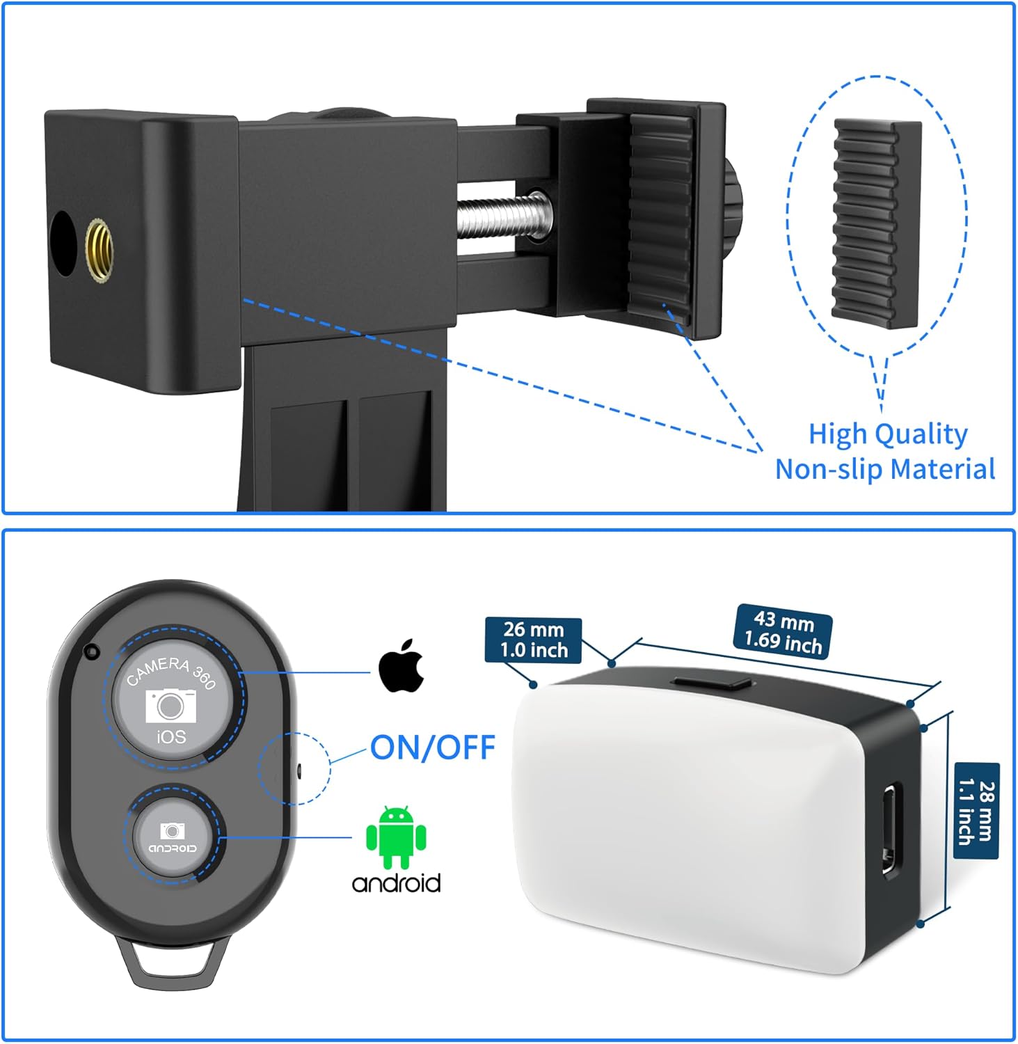Universal Phone Tripod Mount Adapter with Wireless Camera Remote and LED Light, Cell Phone Holder with Adjustable Clamp for Selfie Stick Monopod for iPhone, Samsung Wrist Strap Included - Image 5