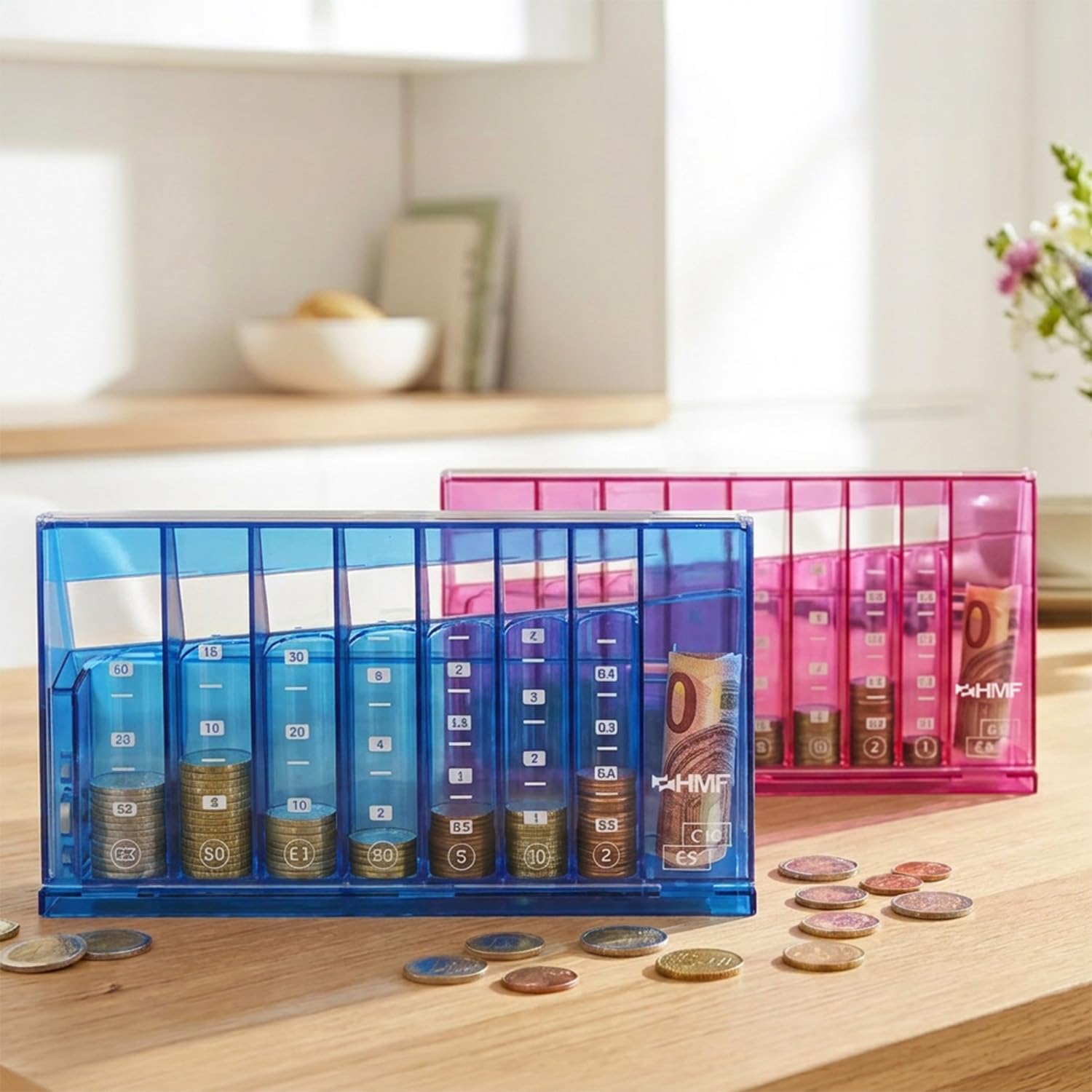 HMF Contador de Monedas con clasificación automática para Guardar Monedas, clasificador de Monedas Transparente con Escala de Valor como Hucha para niños | 24 x 12 x 5 cm | Azul