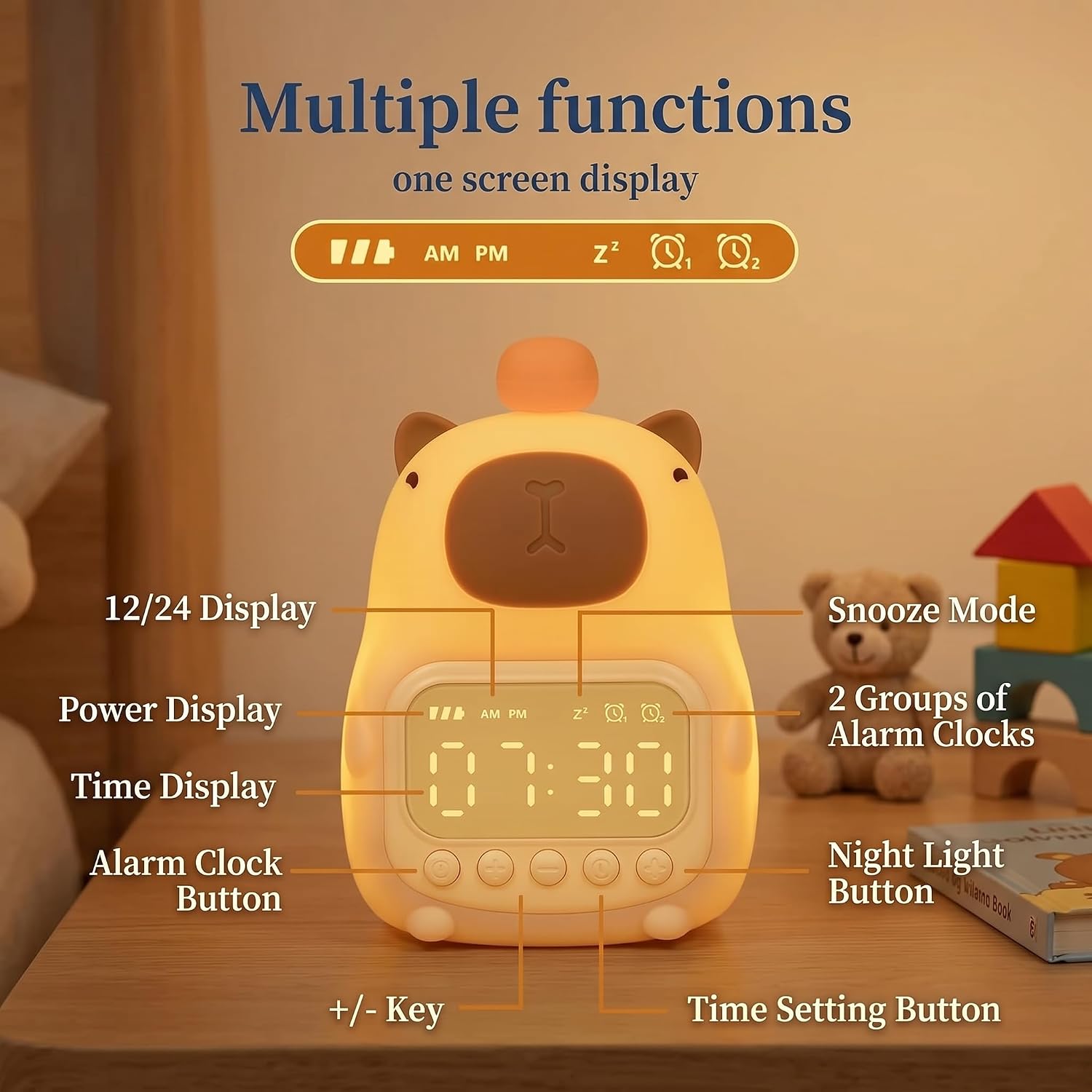 Capybara Alarm Clock for Kids, Warm White Night Light, Rechargeable Cute Squishy Soft Silicone Toddler Alarm Clock, 30-Min Auto-Off Timer, Gift for Girls Boys Teens Bedroom Decor (Capybara)