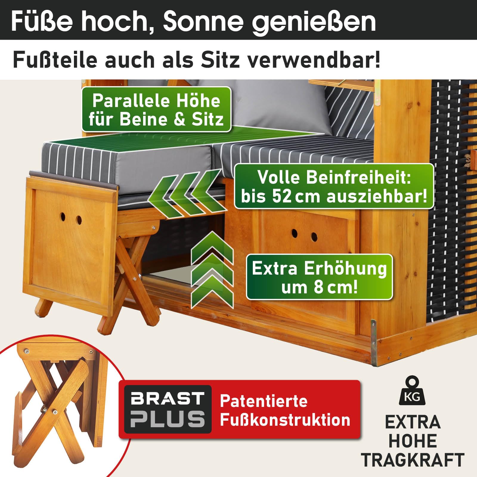 BRAST Strandkorb Rügen Deluxe | für 2 Personen | 120cm breit | 5 Designs | inkl. wetterfeste Abdeckhaube | verstellbare Rückenlehne weiches Fußkissen | Anthrazit/Weiß - Nadelstreifen
