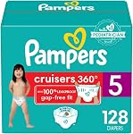 Pampers Couches - Croiseurs 360 degrés - Taille 5, 128 Compte, jusqu'à 100% Fit étanche, conçu pour les bébés actifs, tirer sur la couche, EZ Tabs off conçus pour des changements faciles