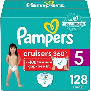 Pampers Diapers - Cruisers 360 degrees - Size 5, 128 Count, up to 100% Leakproof Fit, Designed for Active Babies, Pull On Diaper, EZ Off Tabs Designed for Easy Changes