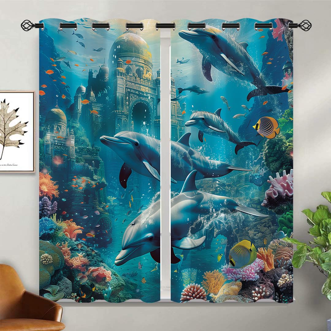 XINBADU Ocean Blackout Curtains for Girls Boy Home Decor, Dolphin Ocean Underwater World Castle Grommet Thermal Insulated Drapes Darkening Window Curtain for Bedroom Living Room, 42 x 45 Inch