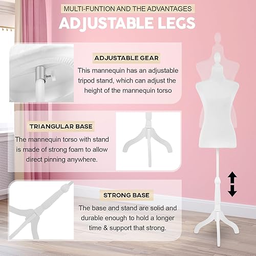 Miniatura 4 de Forma de vestido de maniquí de 49.6 a 63.7 pulgadas, altura ajustable, cuerpo de maniquí, espuma de alta densidad con trípode de madera, base de