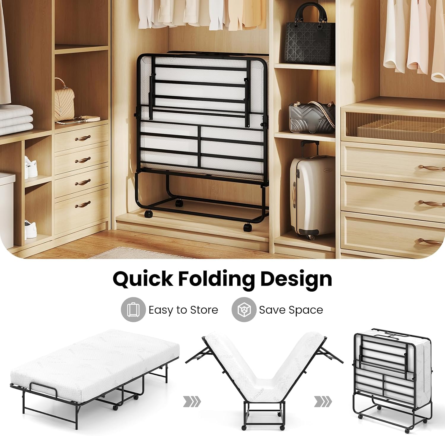 MAT EXPERT Twin Folding Bed with Mattress, Portable Rollaway Guest Beds with Memory Foam Mattress, Metal Frame, Lockable Wheels, 75"x 38" Space Saving Foldable Beds for Easy Storage