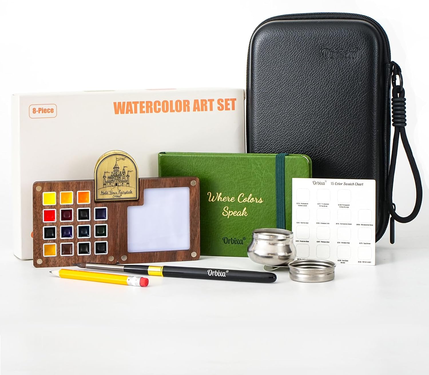 Orbixa Mini Watercolor Travel Paint Set – 15 Artist Colors in Solid Walnut Palette, with 100% Cotton Sketchbook, Water Brush, Metal Clip, Water Cup & PU Leather Travel Bag | Portable Art Gift Kit for Painting Anywhere(Forest green)