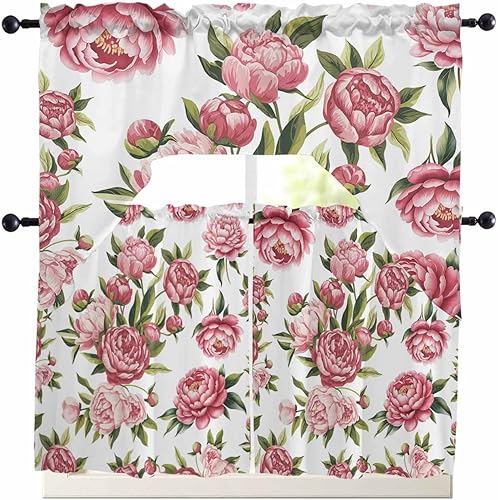 Miniatura 9 de Juego de cortinas de cocina con festón floral verde salvia, cenefa y nivel, 24 pulgadas de largo, diseño retro de flores rosa pastel, cortinas Verde