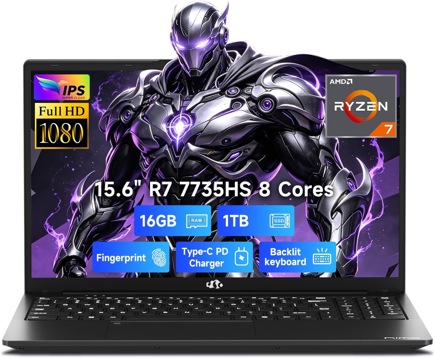 15.6" Light AI-Gaming-Laptop, AMD Ryzen 7 7735HS, 16GB DDR5 1TB SSD