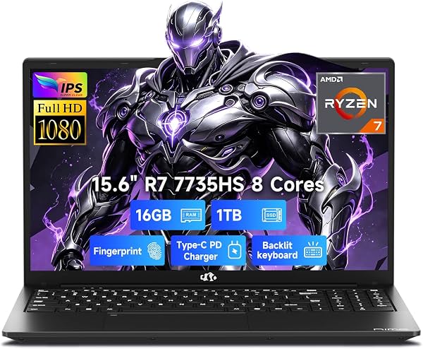 Laptop ligera 15.6" para IA y juegos, AMD Ryzen 7 7735HS, 16GB DDR5 1TB SSD | 8C/16T, Radeon 680M, Windows 11 para trabajo con IA, proyectos creativos, streaming y estudio, FHD 100W USB-C PD, garantía de 2 años