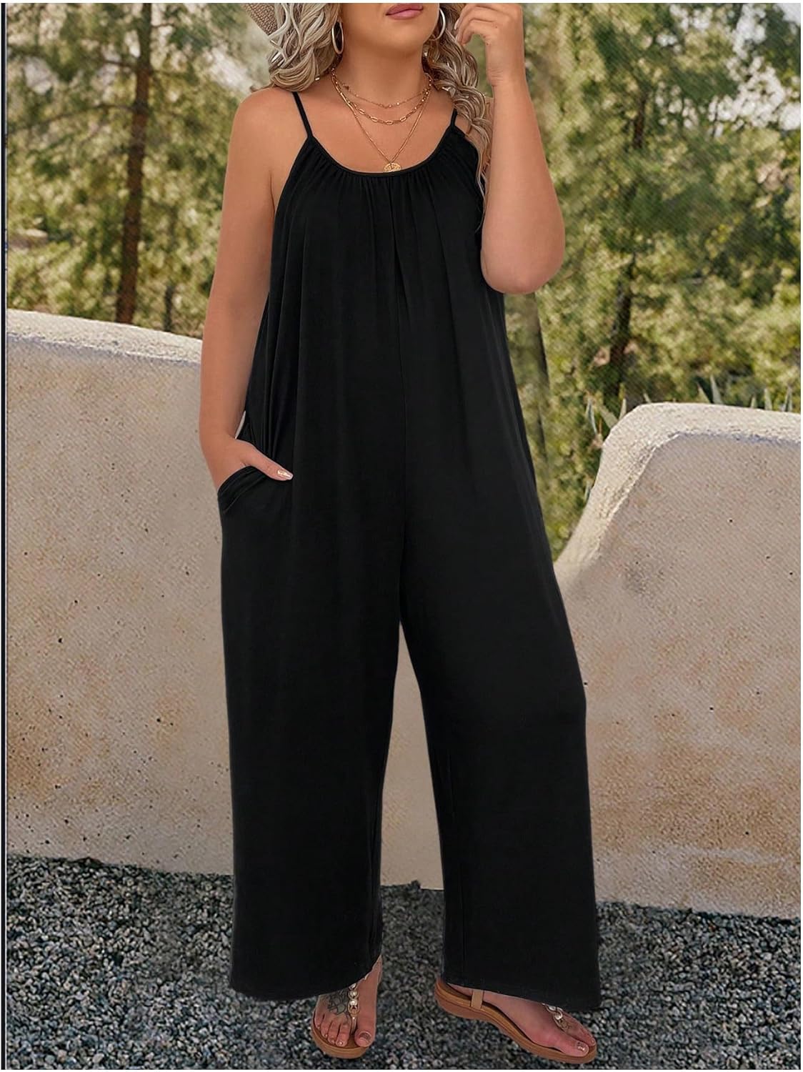 WDIRARA Women's Plus Size Scoop Neck Sleeveless Loose Cami Jumpsuit Wide Leg Pants with Pocket Black 1XL - Image 3